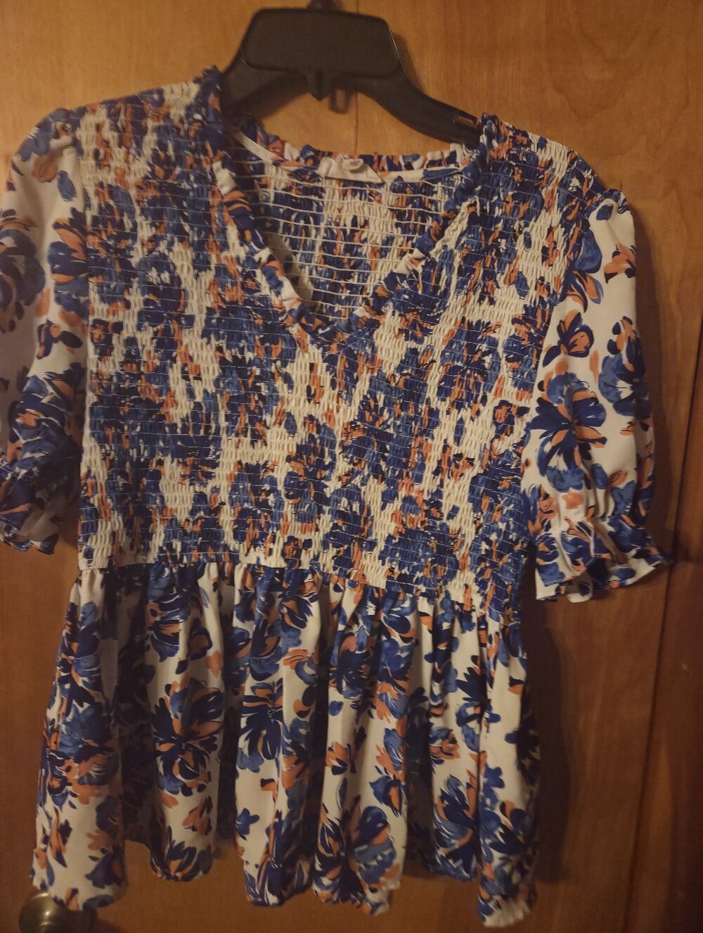 THML Floral Puff Sleeve Smocked Blouse in white and blue L TOP Womens